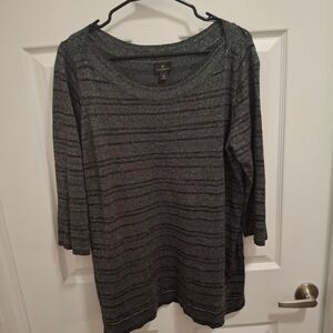3/$15 Worthington Womens Top XL Gray Black Sparkle‎ Knit Striped 3/4 Sleeve
